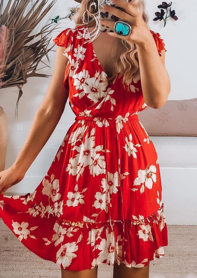 

Mini Dresses Floral Ruffled Elastic Waist V-Neck Mini Dress in Red. Size