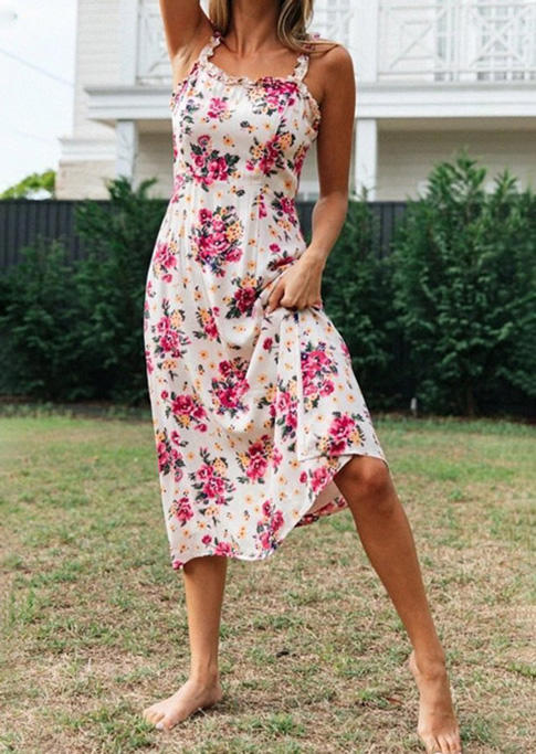 

Casual Dresses Floral Ruffled Spaghetti Strap Hem Casual Dress in Pink. Size: ,M,L,XL
