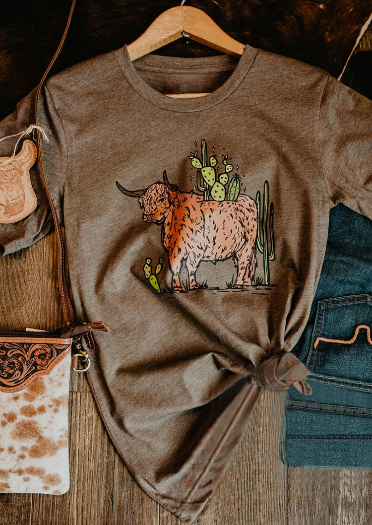 

T-shirts Tees Highland Cattle Cactus O-Neck T-Shirt Tee in Brown. Size