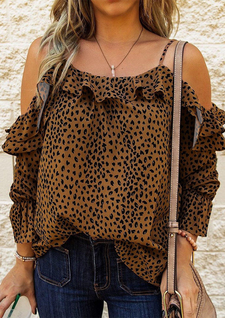 Blouses Leopard Ruffled Cold Shoulder Casual Blouse in Leopard. Size: S,M,L