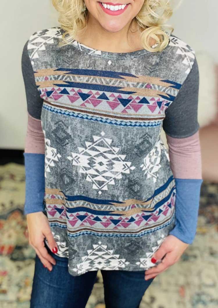 

Blouses Aztec Geometric Color Block Long Sleeve Blouse in Multicolor. Size: S,M,,XL