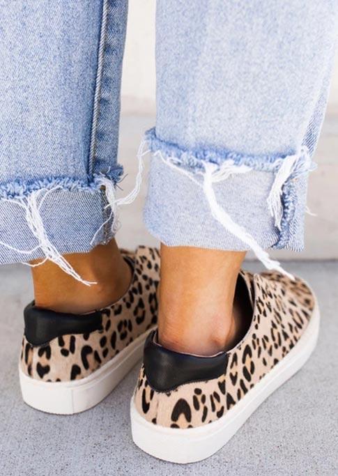 Leopard Slip On Round Toe Flat Velcro Sneakers