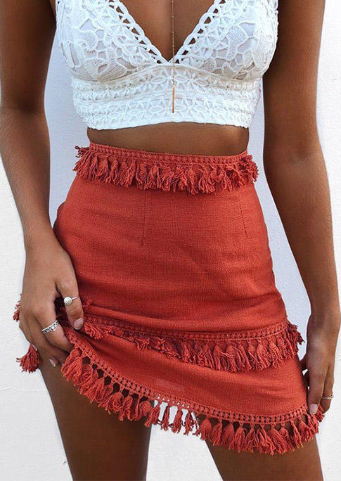 

Skirts Tassel Splicing High Waist Mini Skirt in Brick Red. Size