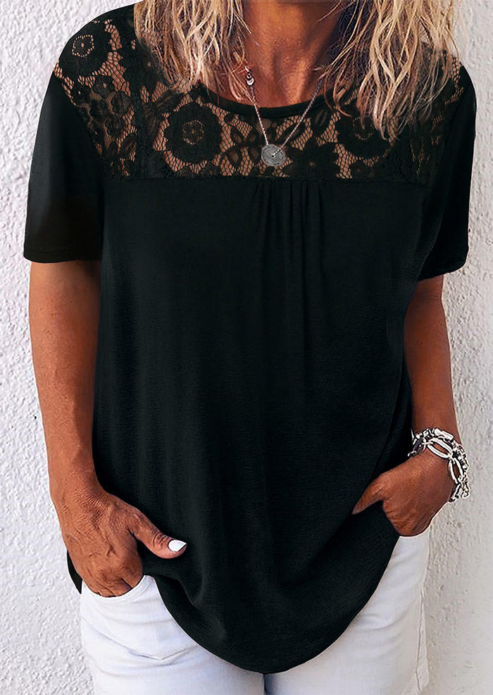 

Lace Floral Splicing Ruffled O-Neck Blouse - Black, 494775