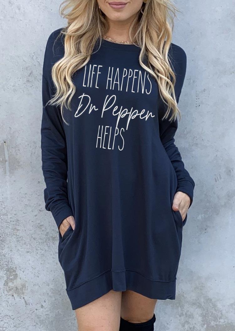 

Mini Dresses Life Happens Dr Pepper Helps Pocket Mini Dress in Navy Blue. Size: S,M,,XL