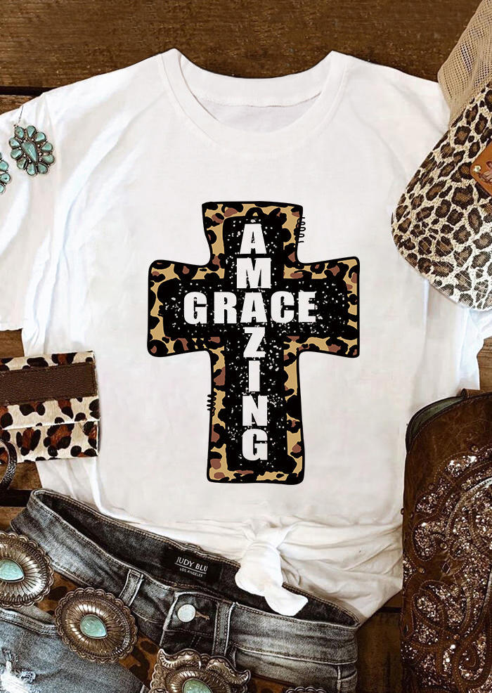 

T-shirts Tees Amazing Grace Leopard Cross T-Shirt Tee in White. Size