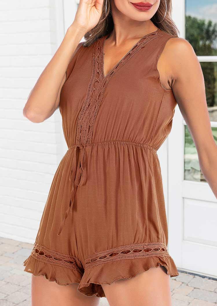 Jumpsuits & Rompers Ruffled Drawstring Elastic Waist V-Neck Romper - Light Coffee in Brown. Size: L,M,S,XL