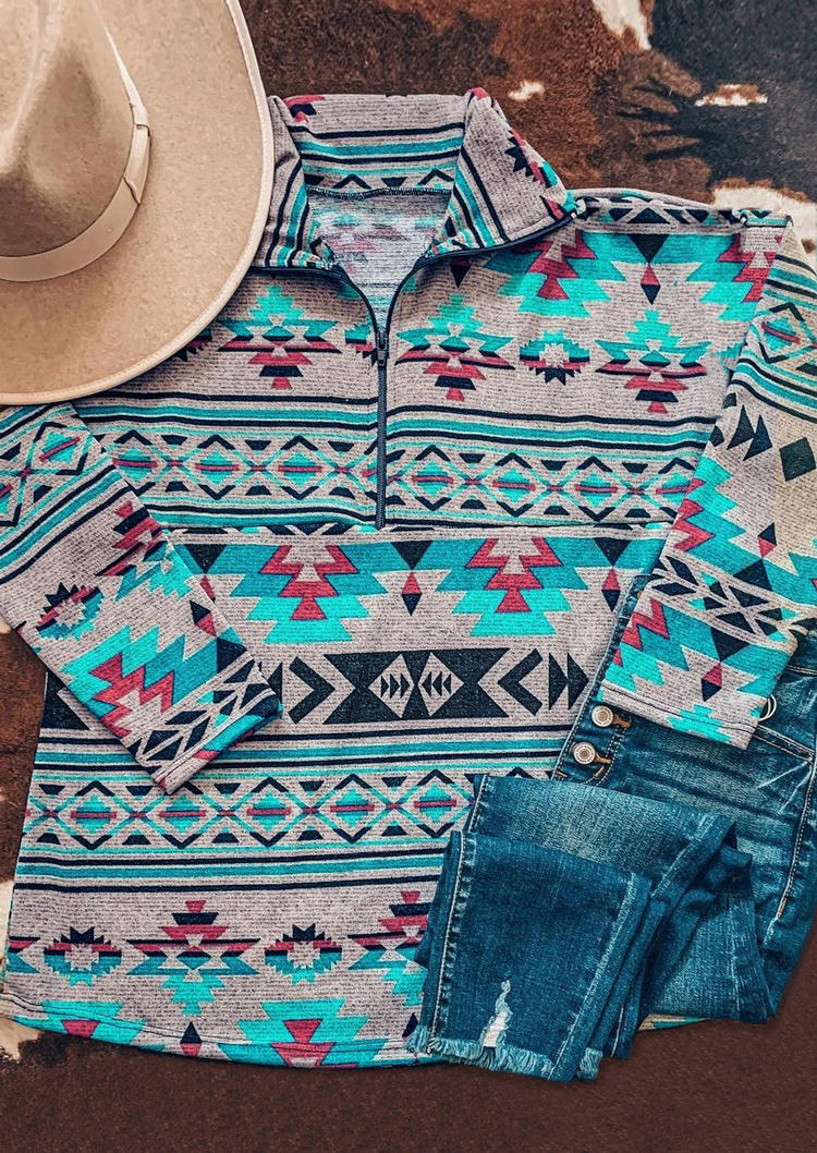 

Sweatshirts Aztec Geometric Western Zipper Collar Pullover Sweatshirt in Multicolor. Size