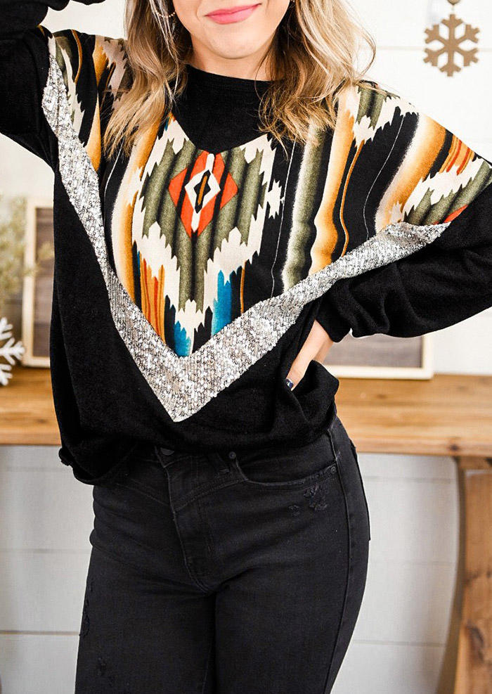 

Blouses Sequined Aztec Geometric Splicing Western Blouse in Black. Size