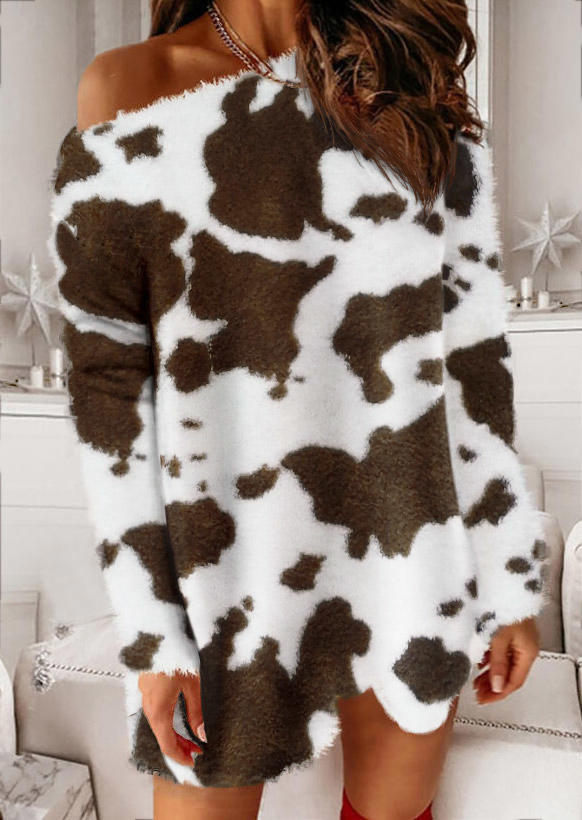 

Mini Dresses Cow Warm Plush Long Sleeve Mini Dress in Brown. Size: ,M,XL