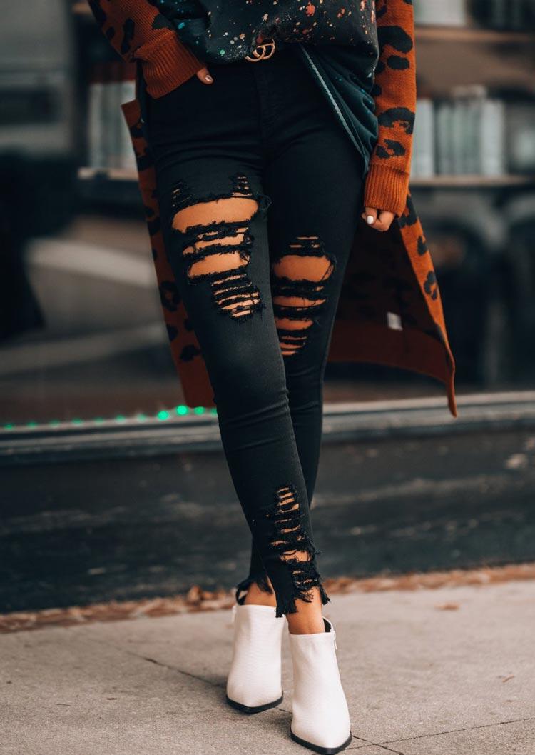 

Pants Ripped Hole Pocket Stretchy Mid Waist Denim Jeans in Black. Size: ,M,L