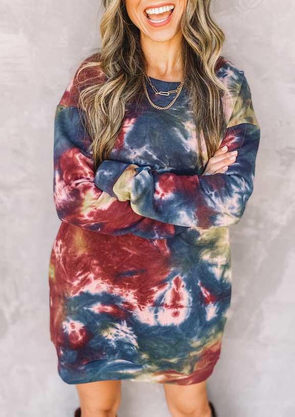 

Mini Dresses Tie Dye Long Sleeve O-Neck Mini Dress in Multicolor. Size: ,XL