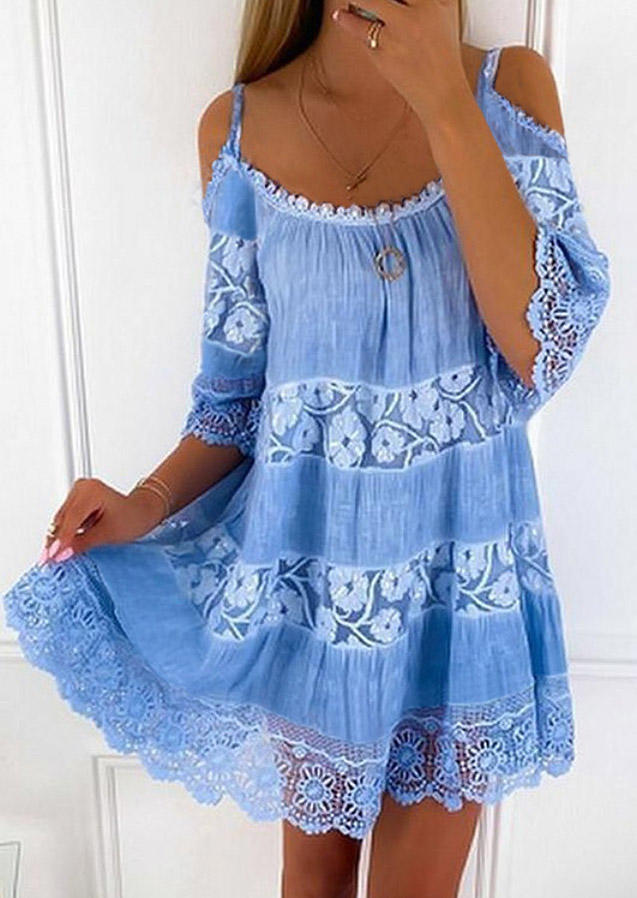 

Mini Dresses Lace Floral Splicing Ruffled Cold Shoulder Mini Dress in Blue. Size