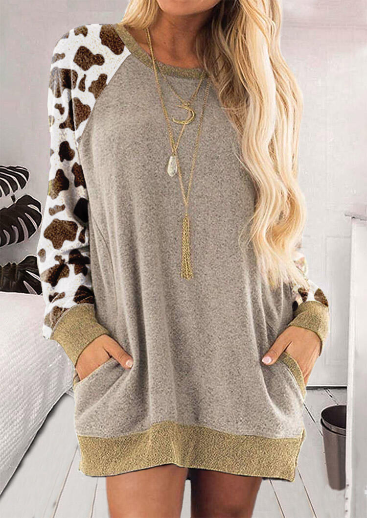 

Cow Splicing Pocket Raglan Sleeve Mini Dress - Khaki, 495012
