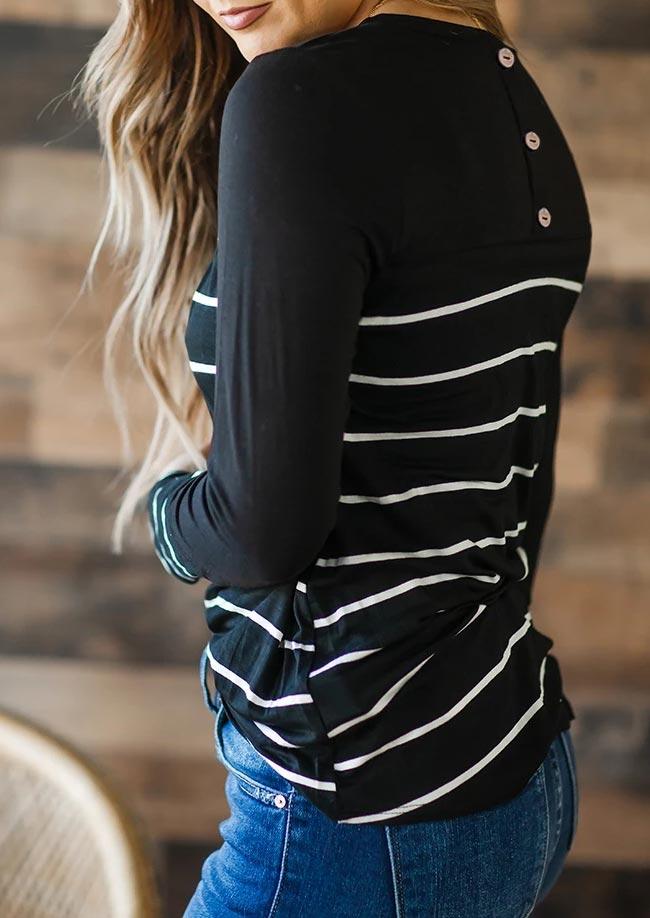 

Blouses Striped Splicing Button Long Sleeve Blouse in Black. Size