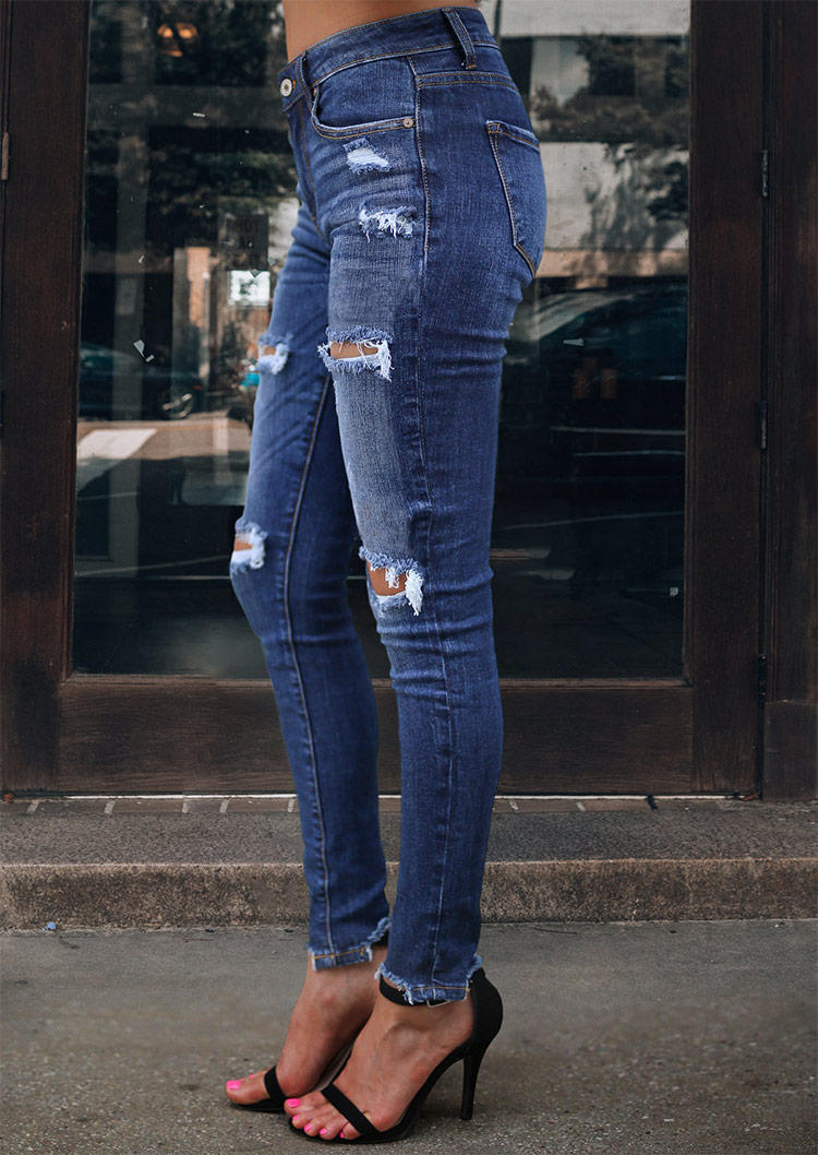 

Pants Ripped Hole Stretchy Frayed Hem Denim Jeans in Blue. Size