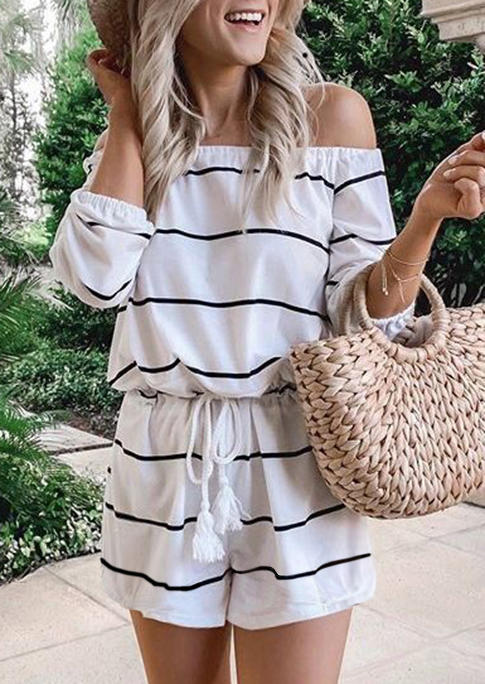 Jumpsuits & Rompers Striped Drawstring Long Sleeve Off Shoulder Romper in White. Size: XL
