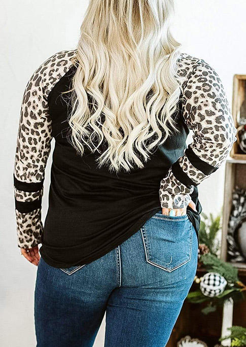 

Plus Size Tops Plus Size Leopard Splicing Criss-Cross Raglan Sleeve Blouse in Black. Size