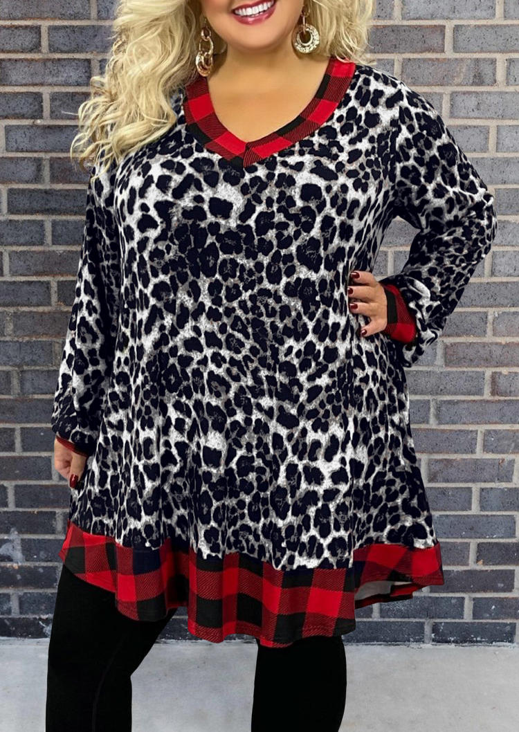 

Plus Size Dresses Plus Size Leopard Plaid Splicing Mini Dress in Leopard. Size