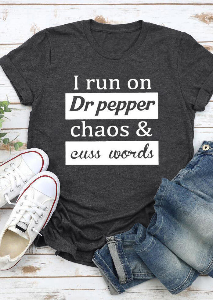 T-shirts Tees I Run On Dr Pepper Chaos & Cuss Words T-Shirt Tee - Dark Grey in Gray. Size: S
