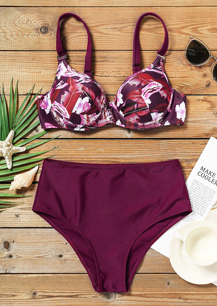 

Bikini Sets Palm Leaf Adjustable Strap Bikini Set in Plum. Size