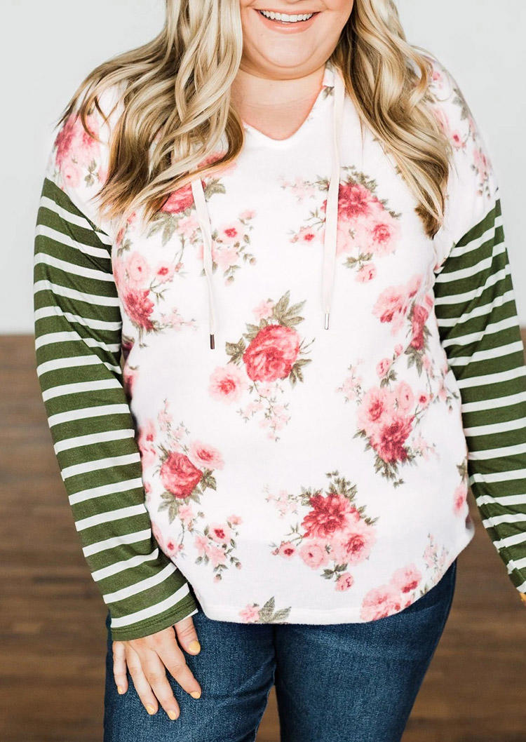 

Hoodies & Sweatshirts Plus Size Floral Striped Splicing Drawstring Hoodie in White. Size: ,XL,2XL