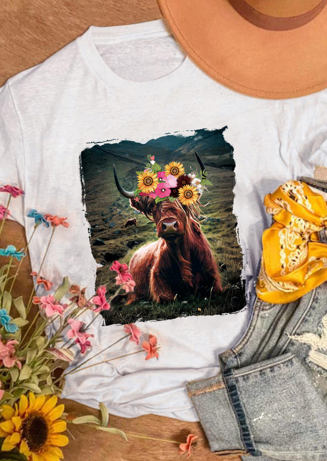 

T-shirts Tees Western Bull Sunflower O-Neck T-Shirt Tee in White. Size