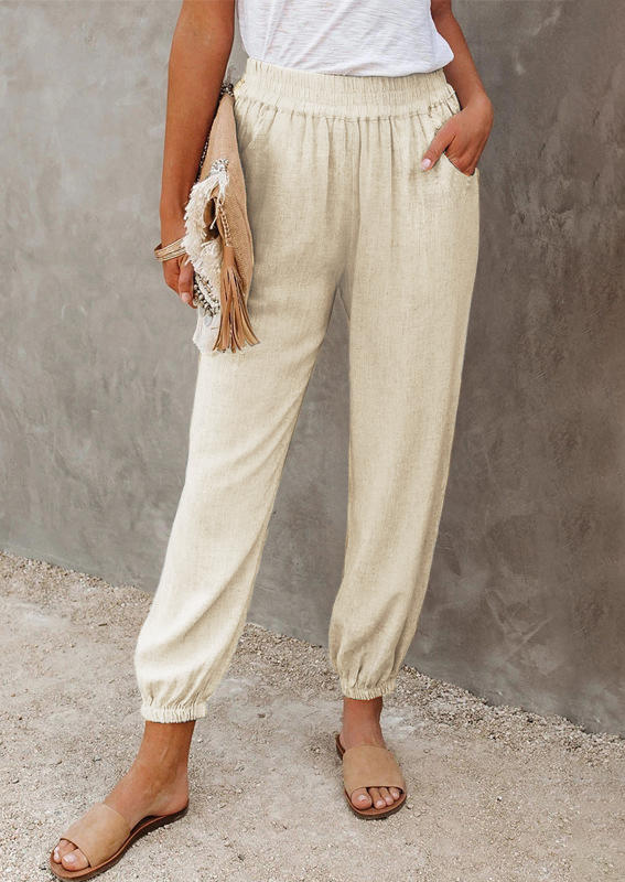 

Pants Pocket Elastic Waist Loose Casual Pants in Beige. Size