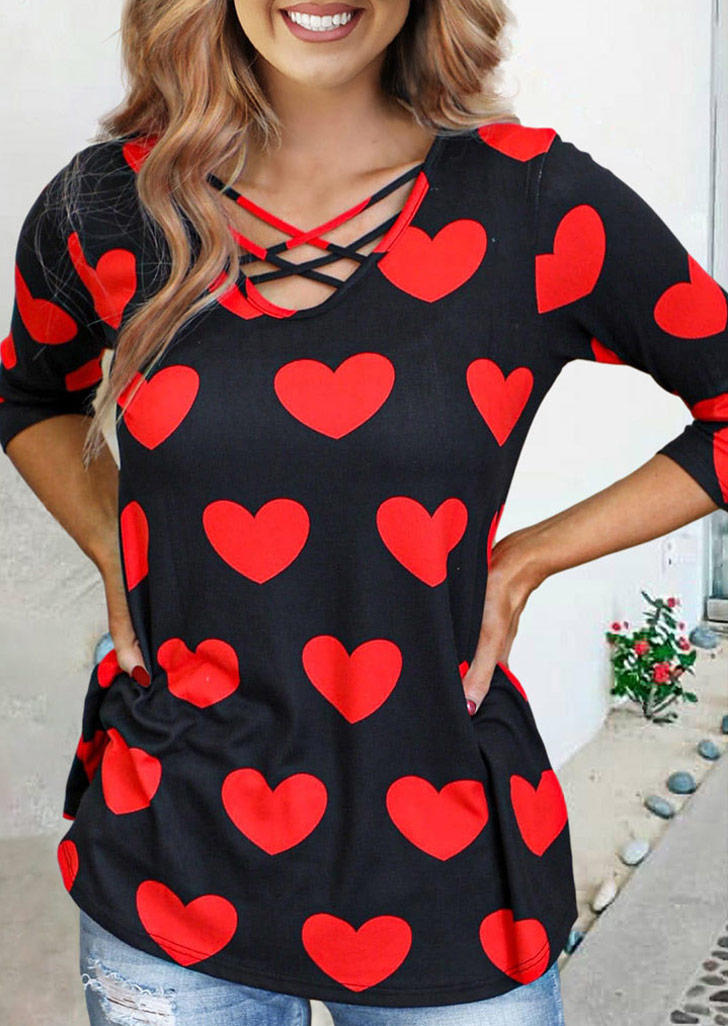 

Blouses Heart Criss-Cross Long Sleeve Blouse in Red. Size: ,M,L,XL