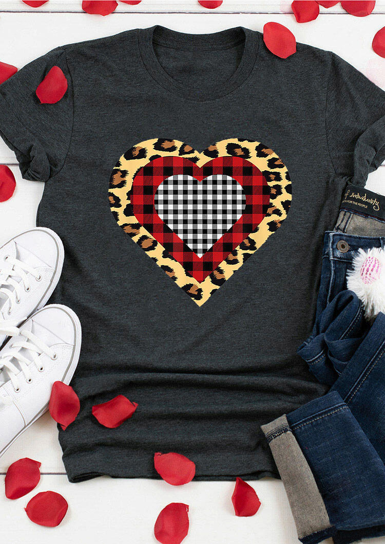 

T-shirts Tees Leopard Plaid Heart T-Shirt Tee in Dark Grey. Size
