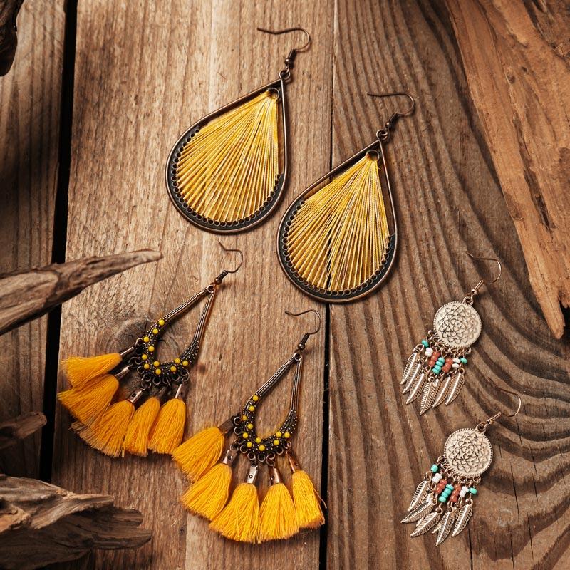 

Earrings 3 Pairs Bohemian Tassel Beading Feather Hollow Out Earrings in Yellow. Size