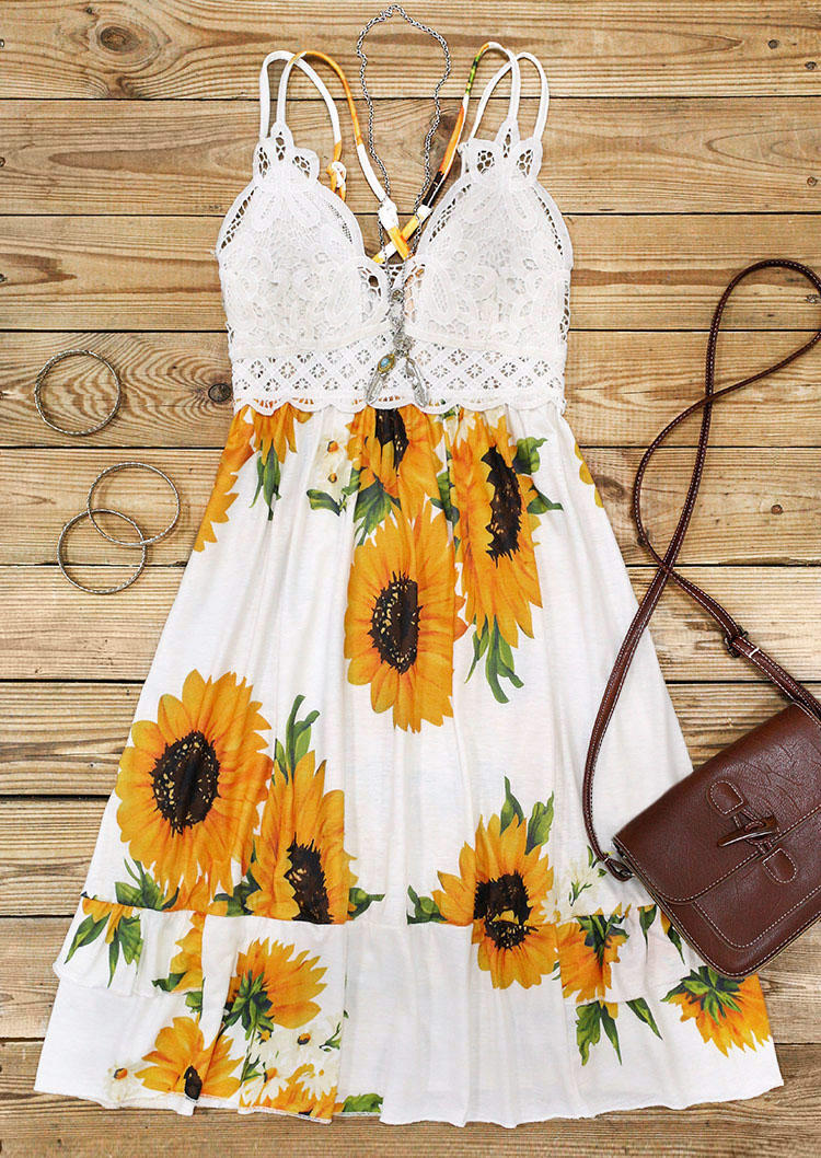 Mini Dresses Sunflower Lace Splicing Ruffled Spaghetti Strap Mini Dress in White. Size: L,M,S,XL