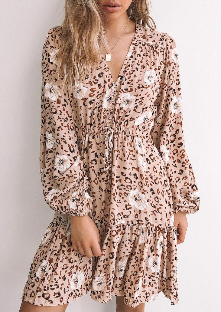 

Mini Dresses Leopard Floral Ruffled Drawstring Button Mini Dress in Leopard. Size: S,M,,XL