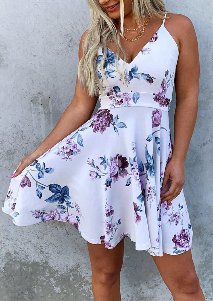 Floral Splicing Lace V-Neck Mini Dress - White
