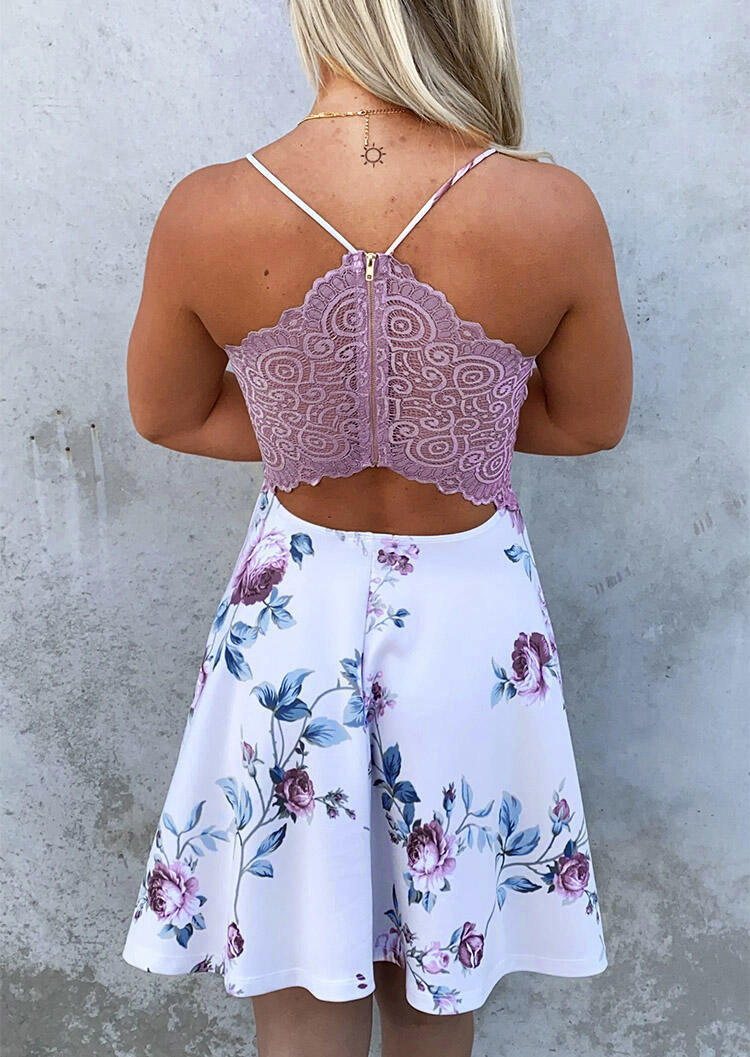 

Mini Dresses Floral Splicing Lace V-Neck Mini Dress in White. Size: L