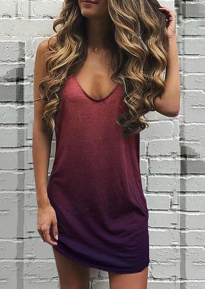 

Casual Gradient Thick Strap V-neck Sleeveless Mini Dress in Multicolor. Size
