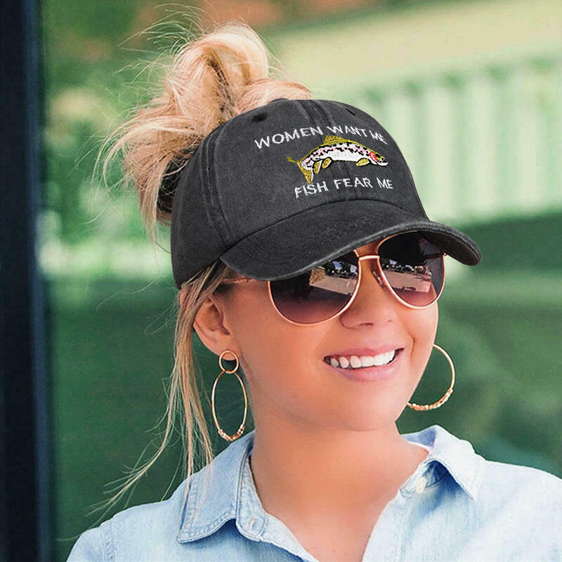 

Hats Women Want Me Fish Fear Me Criss-Cross Baseball Cap in Dark Grey. Size