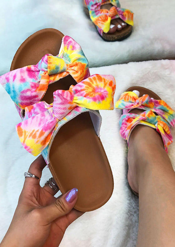 

Slippers Tie Dye Bowknot Waterproof Flat Slippers in Multicolor. Size