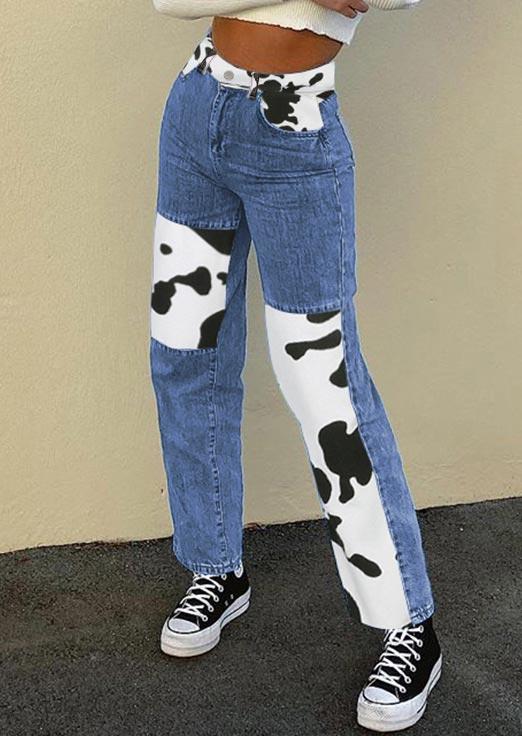 

Pants Western Cow Splicing Pocket Button Denim Jeans in Blue. Size