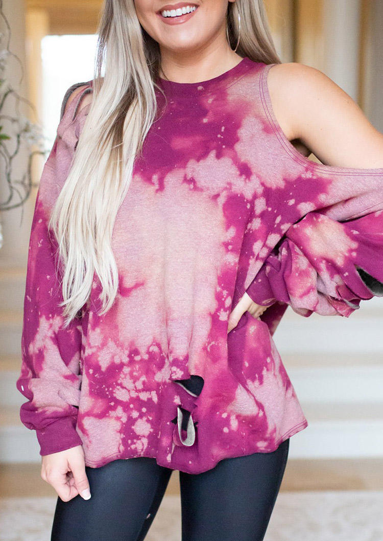 

Blouses Tie Dye Hollow Out One Sided Cold Shoulder Blouse in Plum. Size: S,M,,XL