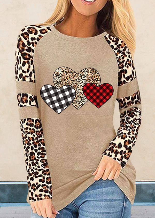 

Blouses Leopard Plaid Love Heart Long Sleeve Blouse in Khaki. Size