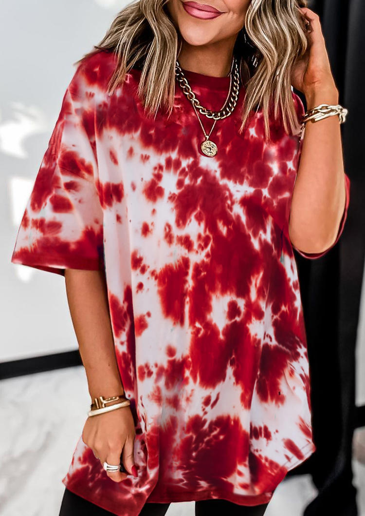 

Blouses Tie Dye O-Neck Casual Blouse in Red. Size