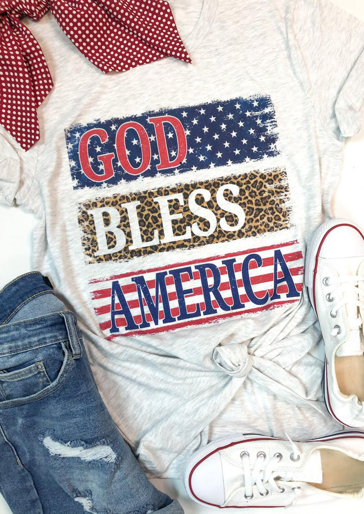 

T-shirts Tees God Bless America Leopard T-Shirt Tee in Light Grey. Size