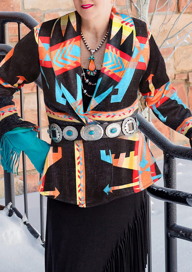 

Coats Colorful Geometric Western Flounce Wrap Cardigan Coat without Belt in Multicolor. Size: S,M,,XL