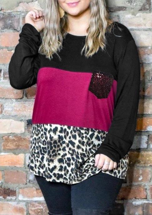 

Plus Size Sequined Pocket Leopard Color Block Blouse - Black, 495512