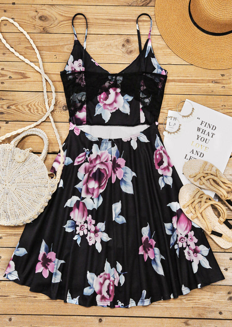 Floral Lace Splicing Open Back Mini Dress - Black