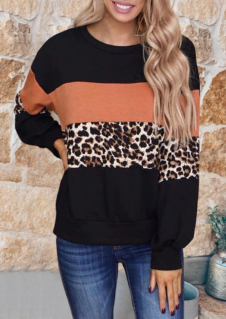 

Sweatshirts Color Block Leopard O-Neck Pullover Sweatshirt in Multicolor. Size: ,M,L