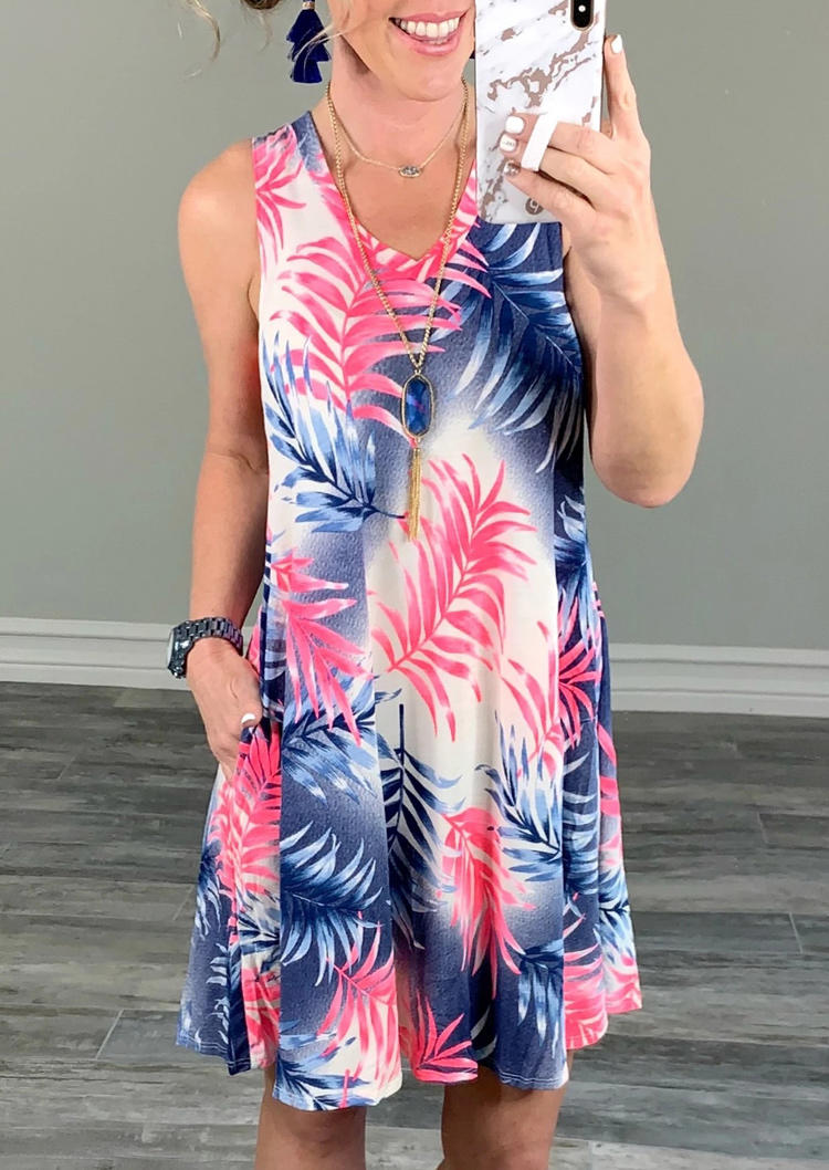 

Mini Dresses Colorful Palm Leaf Pocket Sleeveless Mini Dress in Multicolor. Size