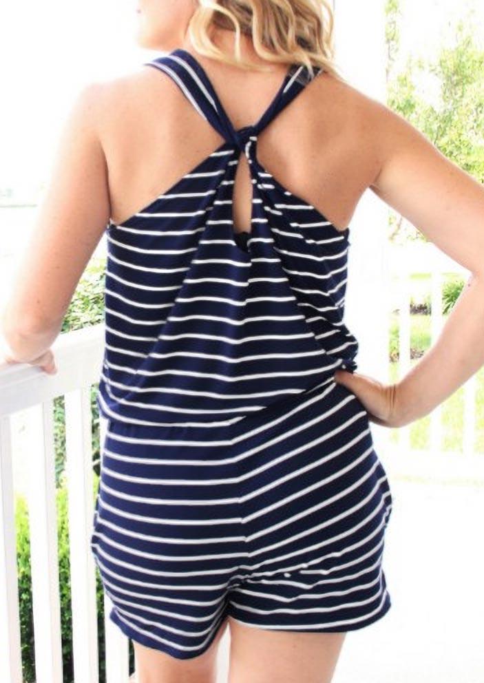 

Jumpsuits & Rompers Striped Drawstring Elastic Waist Pocket Twist Romper in Stripe. Size: ,M,L