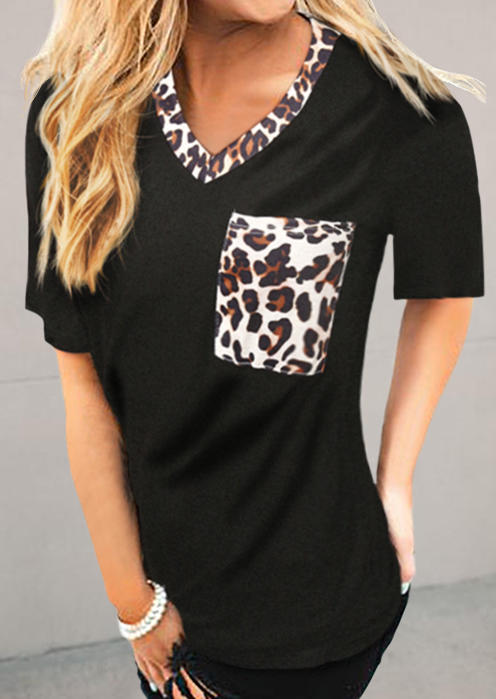 

T-shirts Tees Leopard Splicing Pocket V-Neck T-Shirt Tee in Black. Size